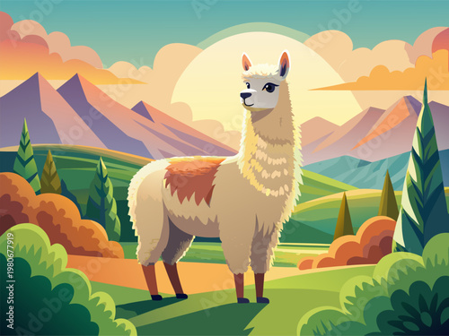 Llama posing in colorful valley during sunrise landscape