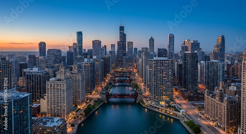 Chicago downtown cityscape at dusk with Willis Tower and river bridges aerial view