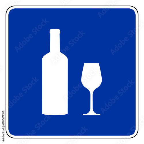 Schild mit Weinflasche und Glas
