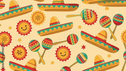 Vibrant seamless pattern with traditional Mexican elements like colorful sombreros, maracas, smiling suns, and stars.