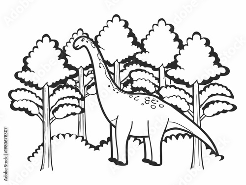 Line art sauropod walking through dense tree forest