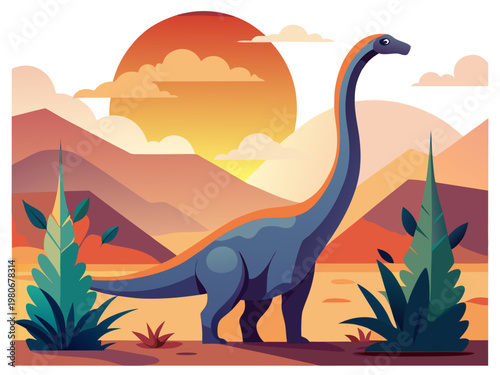 Long neck dinosaur standing in desert valley sunset