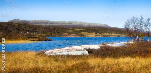 Small Boats on the Shore of Sore Syndin Lake in Vestre Slidre Municipality in Valdres, Norway