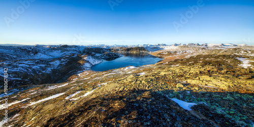 View of Lake Rysntjernet, with a Panorama of the Mountains in Jotunheimen National Park, Norway