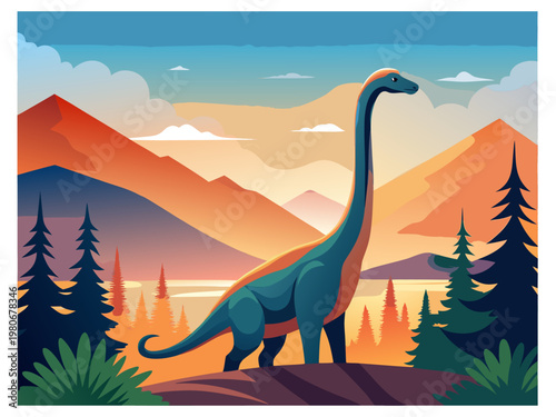 Sauropod walking in mountain lakeside sunset landscape