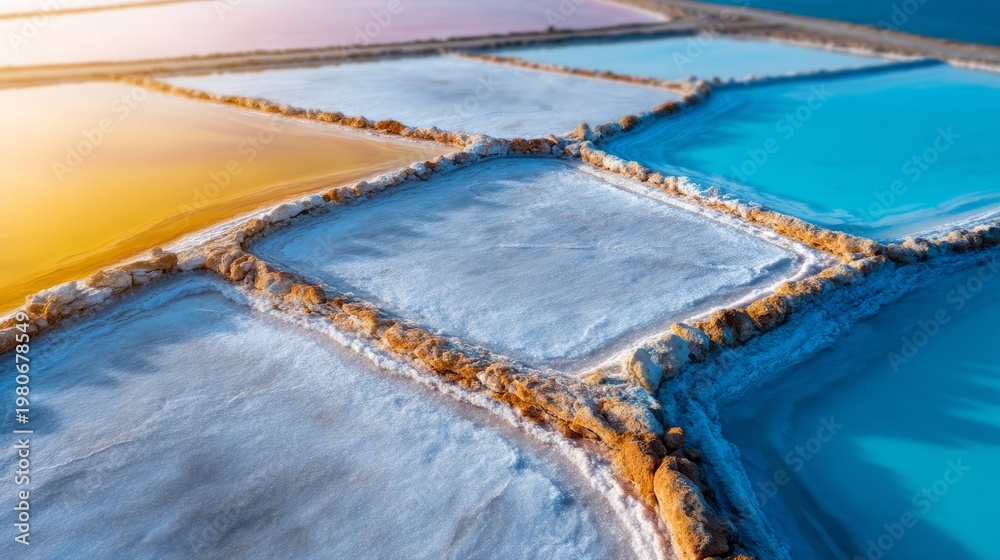 Fototapeta premium Stunning Aerial View of Large Salt Evaporation Field Divided into Irregular Sections