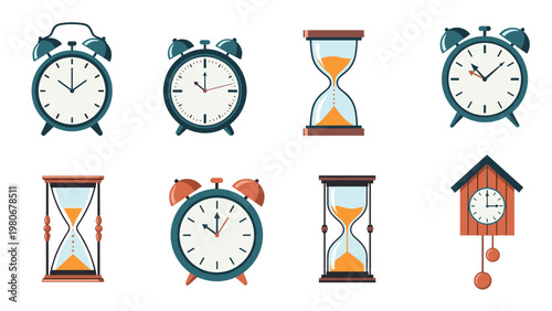 Assorted collection of timekeeping devices including alarm clocks, hourglasses, and a traditional cuckoo wall clock.