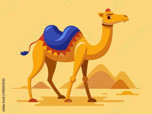 Camel carrying saddle near distant dunes in desert setting