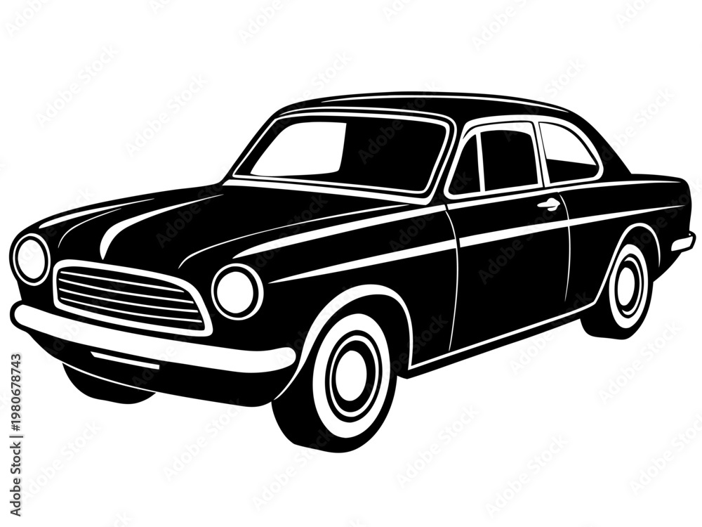Obraz premium Vintage compact car rendered in black and white illustration