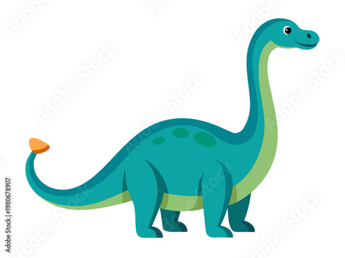 Green long neck cartoon dinosaur standing on white background