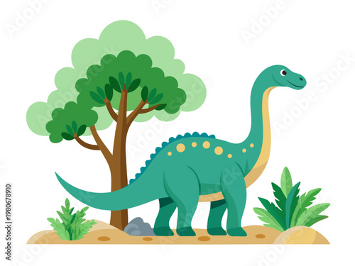 Green sauropod dinosaur walking beside tree on sandy terrain
