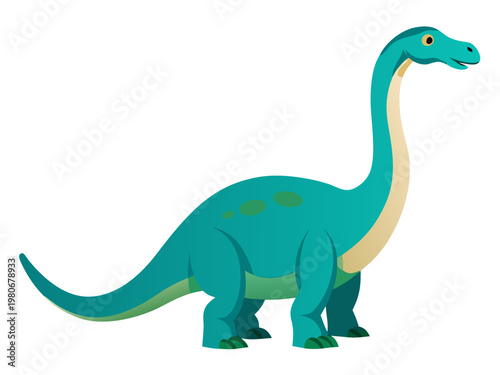 Teal long neck cartoon dinosaur walking on white background
