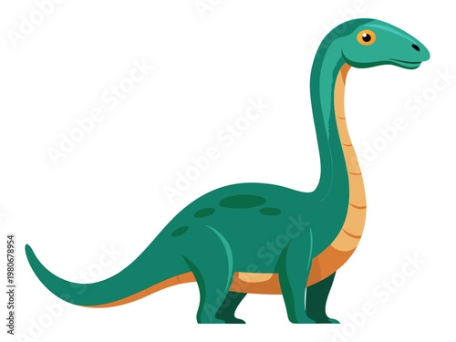 Green long neck dinosaur walking on plain white background