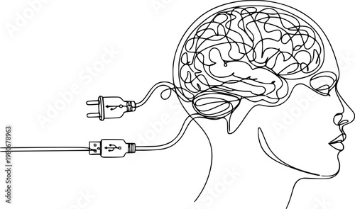 One Line Art of Human Head with Electric Plug Brain - Digital Intelligence and Connectivity Concept