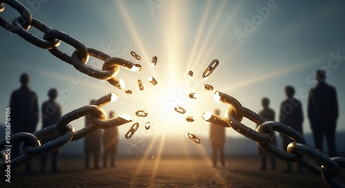 Conceptual image of breaking metal chains for freedom and liberation.