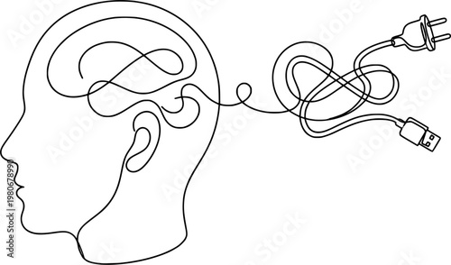 One Line Art of Human Head with Electric Plug Brain - Digital Intelligence and Connectivity Concept
