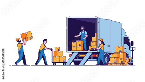 Moving Crew at Work: A team of dedicated movers orchestrates a seamless relocation process, efficiently loading parcels into a delivery vehicle for efficient transition.