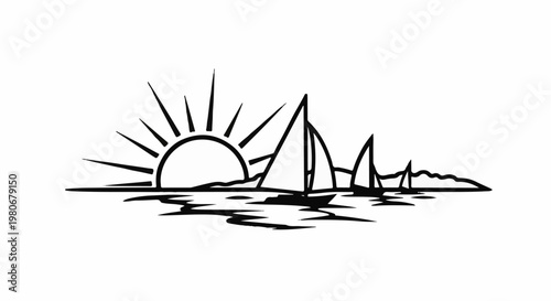 Sunrise over water with sailboats and land on the horizon