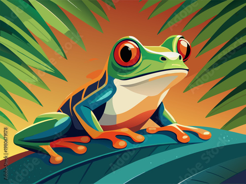 Red eyed tree frog perched and alert on tropical leaf jungle