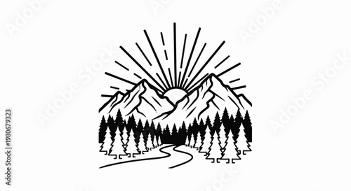 Sunrise over majestic mountains, with a forest and winding path