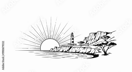 Sunrise over coastal cliffs with a lighthouse and acacia trees