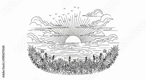 Sunrise over a winding river with clouds and flowers