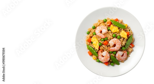 Colorful Shrimp Fried Rice Bowl with Vegetables on White Plate