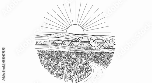 Sunrise over a village with a flower-filled field and winding road