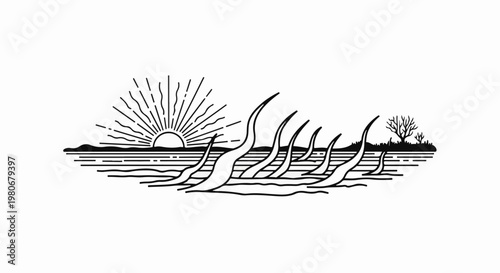 Sunrise over a stylized ocean with abstract wave-like forms and distant trees