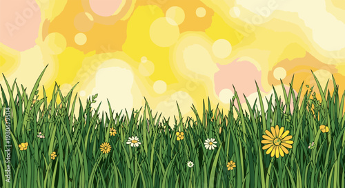 Sunny sky glows over vibrant green grass dotted with delicate wildflowers