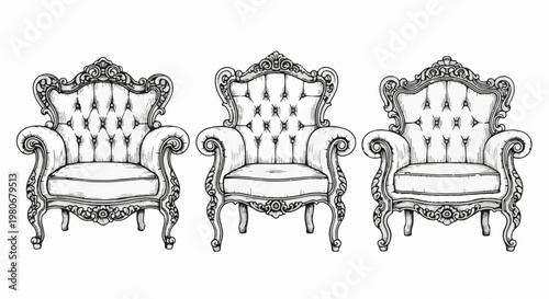 Vintage Baroque Armchairs Hand Drawn Vector Illustration Set