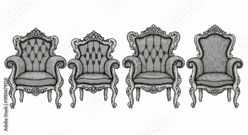 Set of Vintage Ornate Armchair Illustrations in Grayscale