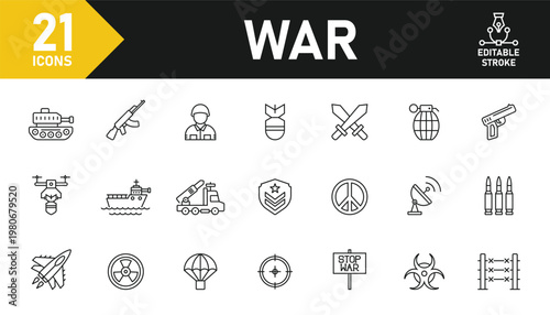 War line icon set. Set of 21 outline icons related to war, military, tank, gun, army, bomb, weapon, conflict and others. Editable stroke. Vector illustration.