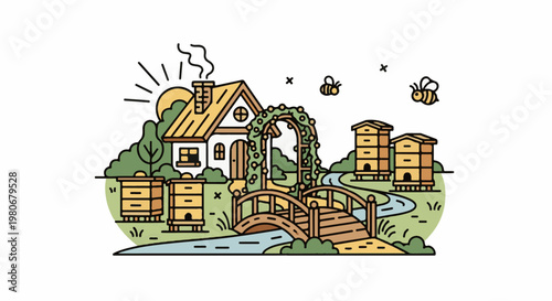 Sunny day at a bee farm with a charming cottage and arched bridge