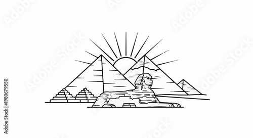 Sunburst over Egyptian pyramids and sphinx, stylized line art