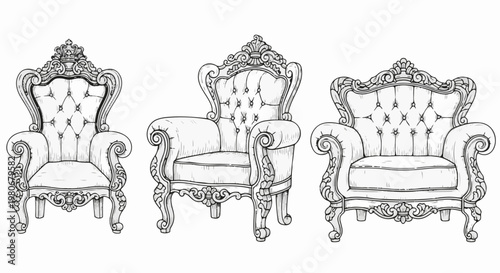 Ornate Vintage Armchair Sketch Set Baroque Throne Vector