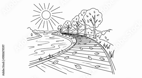 Sun shines on a winding path beside a river with autumn trees