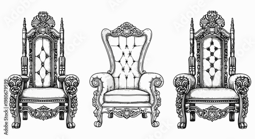 Set of Three Ornate Royal Throne Chairs Sketch Vector Illustration