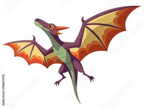 Pterosaur hovering with spread wings on white background