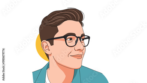 Profile portrait of a handsome young man with short brown hair and stylish black glasses looking thoughtfully to the side.