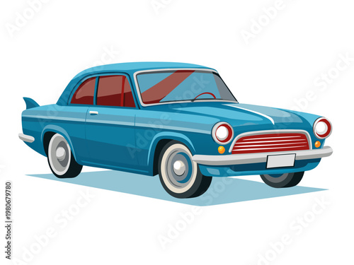 Classic blue coupe parked on plain white background