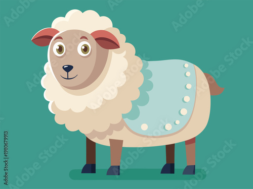 Sheep standing wearing patterned saddle on teal background