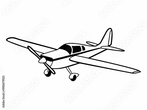 Small single engine airplane gliding over plain white background