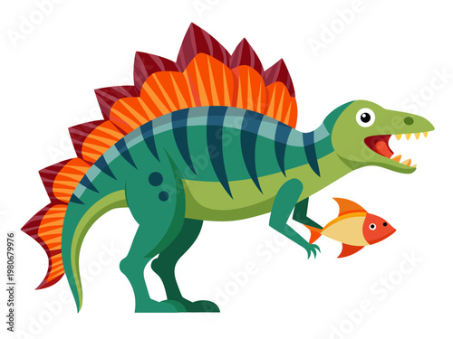 Colorful dinosaur holding fish while standing on white background