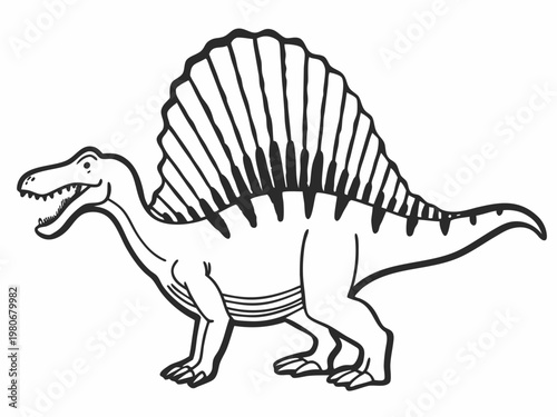 Spinosaurus dinosaur outlined standing on white background