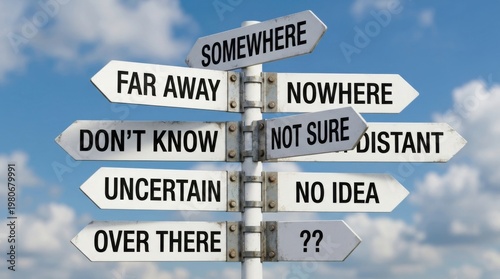 Directional road sign with confusing text, white wooden signpost against blue sky, metaphorical arrows showing uncertainty and lost direction