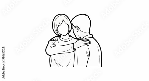 Two figures, a man and woman, embrace with the man whispering to the woman