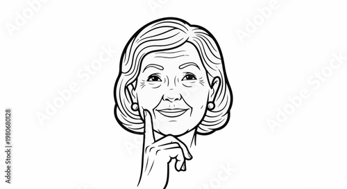 Thoughtful senior woman with finger to her chin, looking up