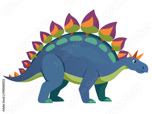 Blue stegosaurus dinosaur standing on plain white studio background