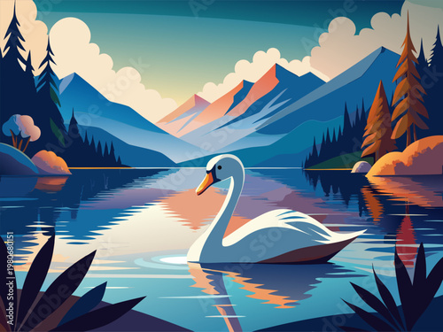 Swan gliding on reflective lake at mountain sunrise